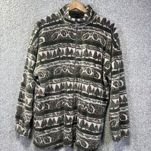 Alps Jacket Womens Large Green Fleece Full Zip Moose Tree Print Outdoor Cozy